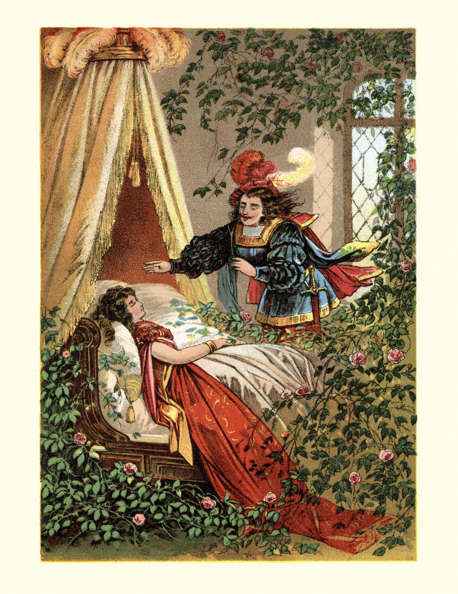 Vintage colour engraving of Sleeping Beauty (German: DornrÃ¶schen) by the Brothers Grimm is a classic fairy tale involving a beautiful princess, a sleeping enchantment, and a handsome prince.
